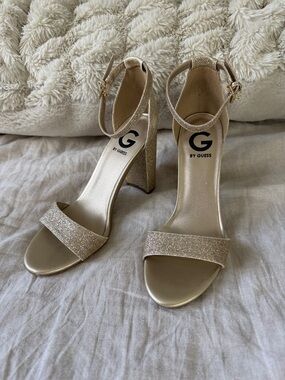 G by Guess Glittery Gold Ankle-Strap Block Heels